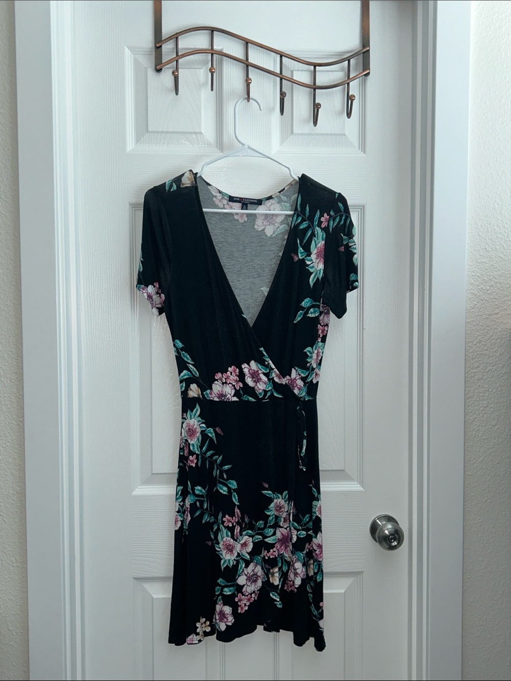 Black Floral Wrap Mini Dress with Pink & Green Blooms